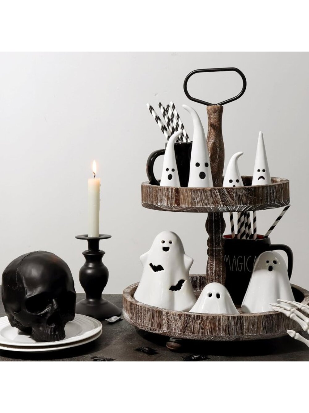 4pc Ceramic Ghost Figurine with Witch Hat Halloween Farmhouse Tiered Tray Decor - Picture 4 of 6